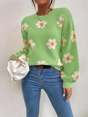 Look Young Lantern Sleeve Flower Knitted Sweater-MXSTUDIO.COM