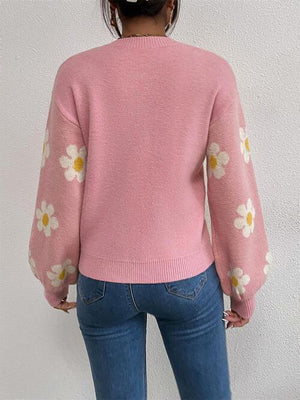 Look Young Lantern Sleeve Flower Knitted Sweater-MXSTUDIO.COM