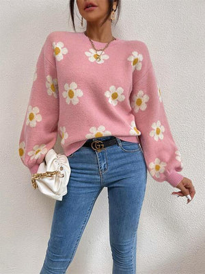 Look Young Lantern Sleeve Flower Knitted Sweater-MXSTUDIO.COM