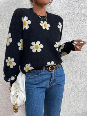 Look Young Lantern Sleeve Flower Knitted Sweater-MXSTUDIO.COM