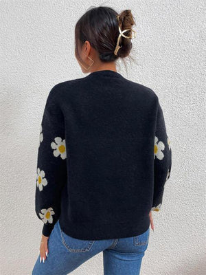 Look Young Lantern Sleeve Flower Knitted Sweater-MXSTUDIO.COM