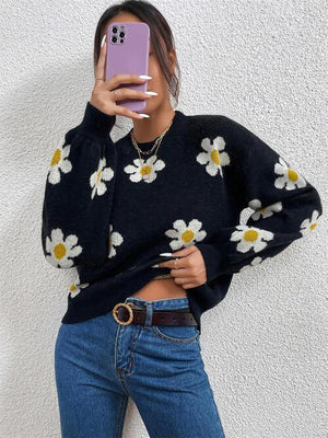 Look Young Lantern Sleeve Flower Knitted Sweater-MXSTUDIO.COM