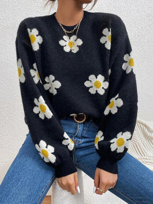 Look Young Lantern Sleeve Flower Knitted Sweater-MXSTUDIO.COM