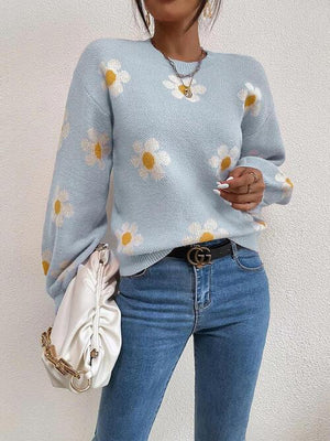 Look Young Lantern Sleeve Flower Knitted Sweater-MXSTUDIO.COM