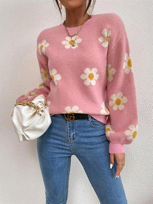 Look Young Lantern Sleeve Flower Knitted Sweater-MXSTUDIO.COM