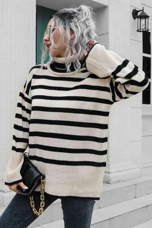Loose And Comfy Striped Turtleneck Sweater-MXSTUDIO.COM