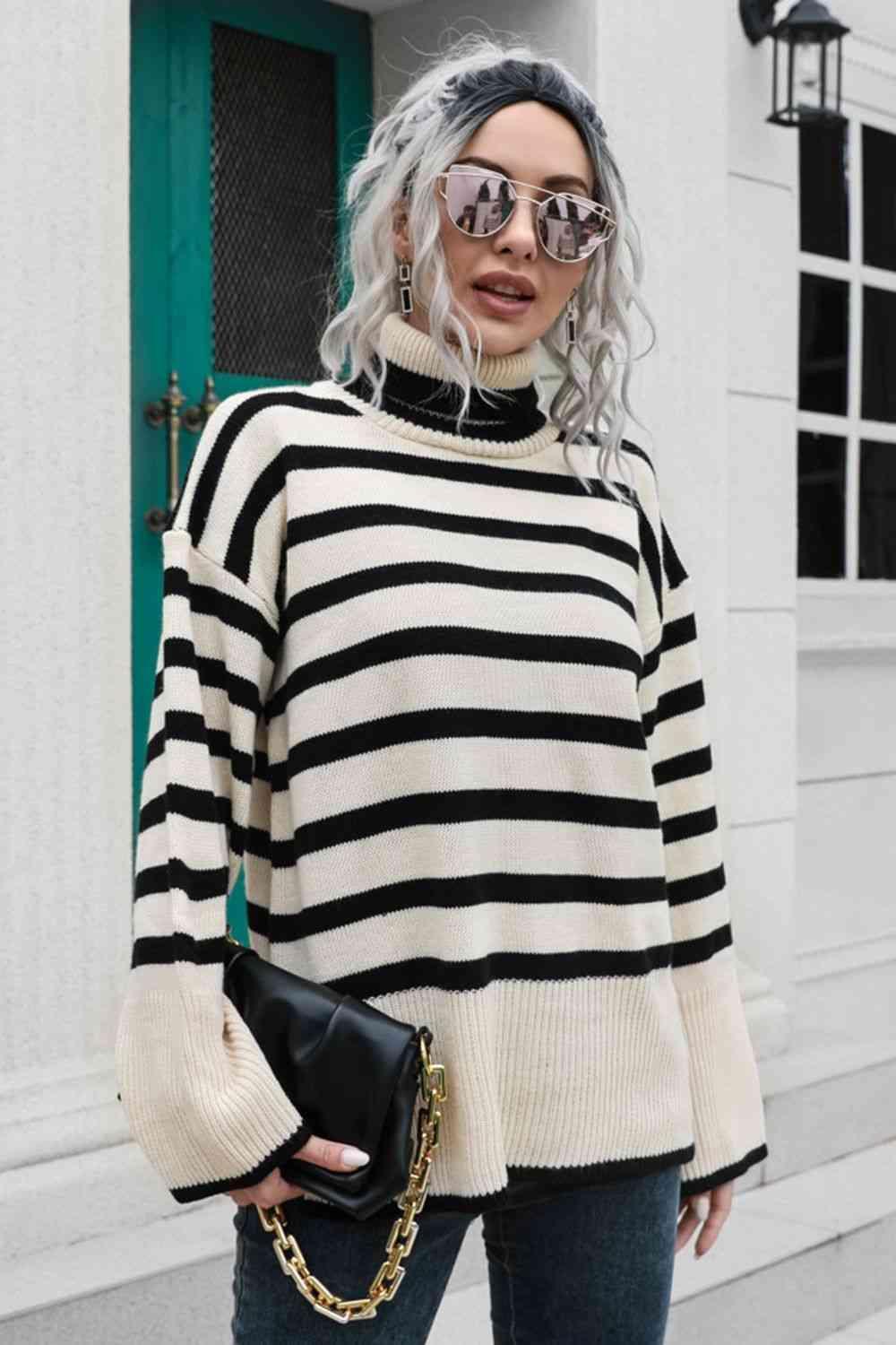 Loose And Comfy Striped Turtleneck Sweater-MXSTUDIO.COM
