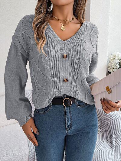 Lounge Around V-Neck Lantern Sleeve Sweater-MXSTUDIO.COM