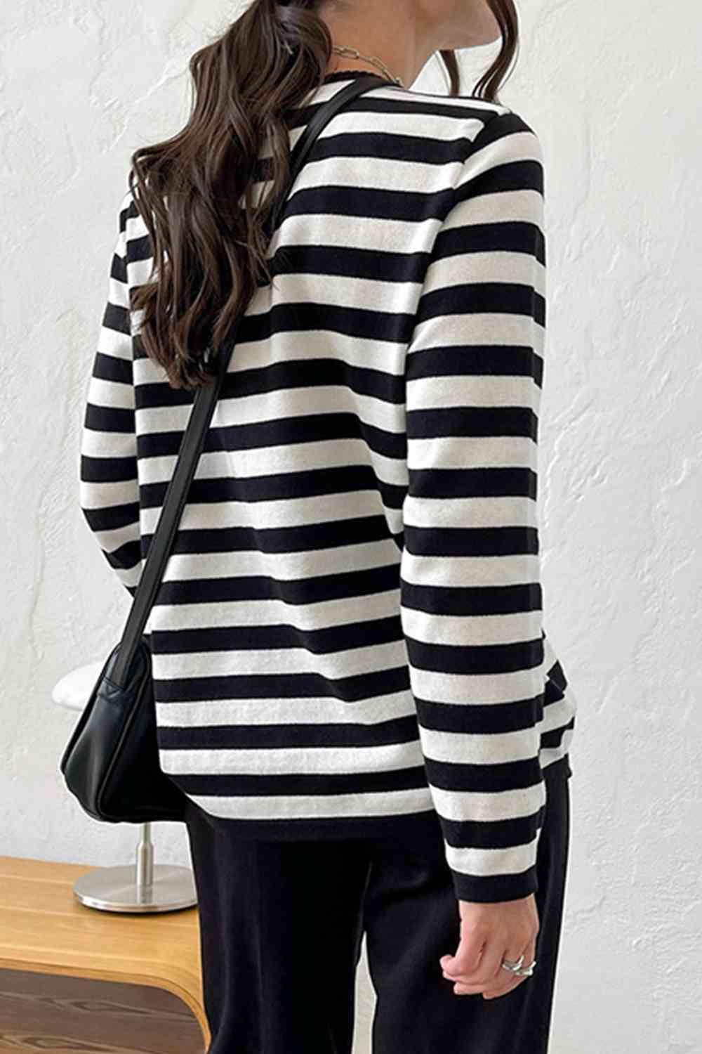 Lounge Comfortably Crew Neck Striped Knit Sweater-MXSTUDIO.COM