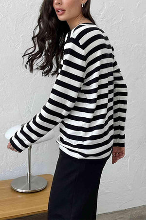 Lounge Comfortably Crew Neck Striped Knit Sweater-MXSTUDIO.COM