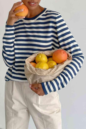 Lounge Comfortably Crew Neck Striped Knit Sweater-MXSTUDIO.COM