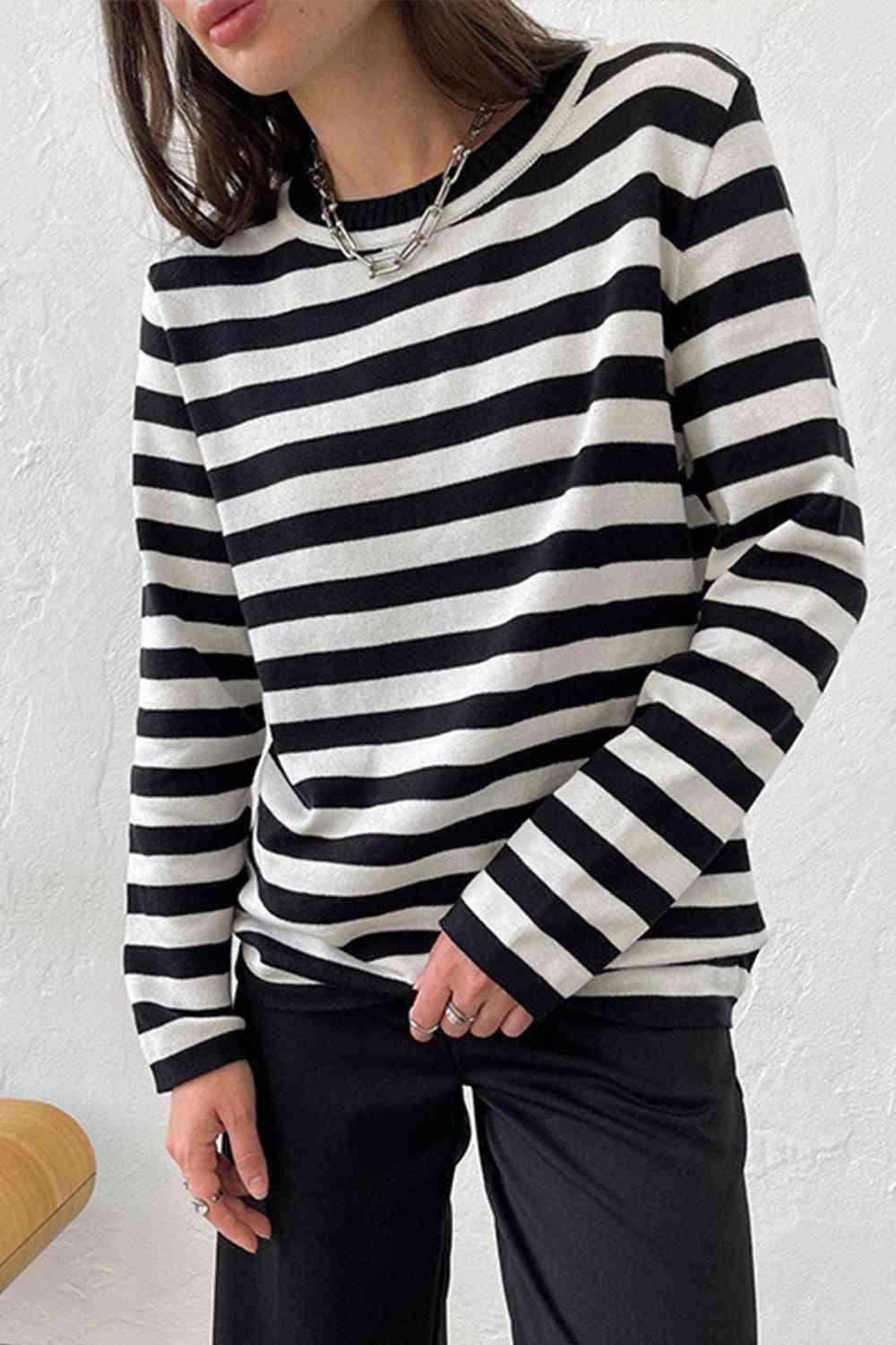 Lounge Comfortably Crew Neck Striped Knit Sweater-MXSTUDIO.COM