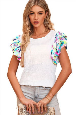 Lovely And Pure Multicolored Flutter Sleeve Blouse - MXSTUDIO.COM