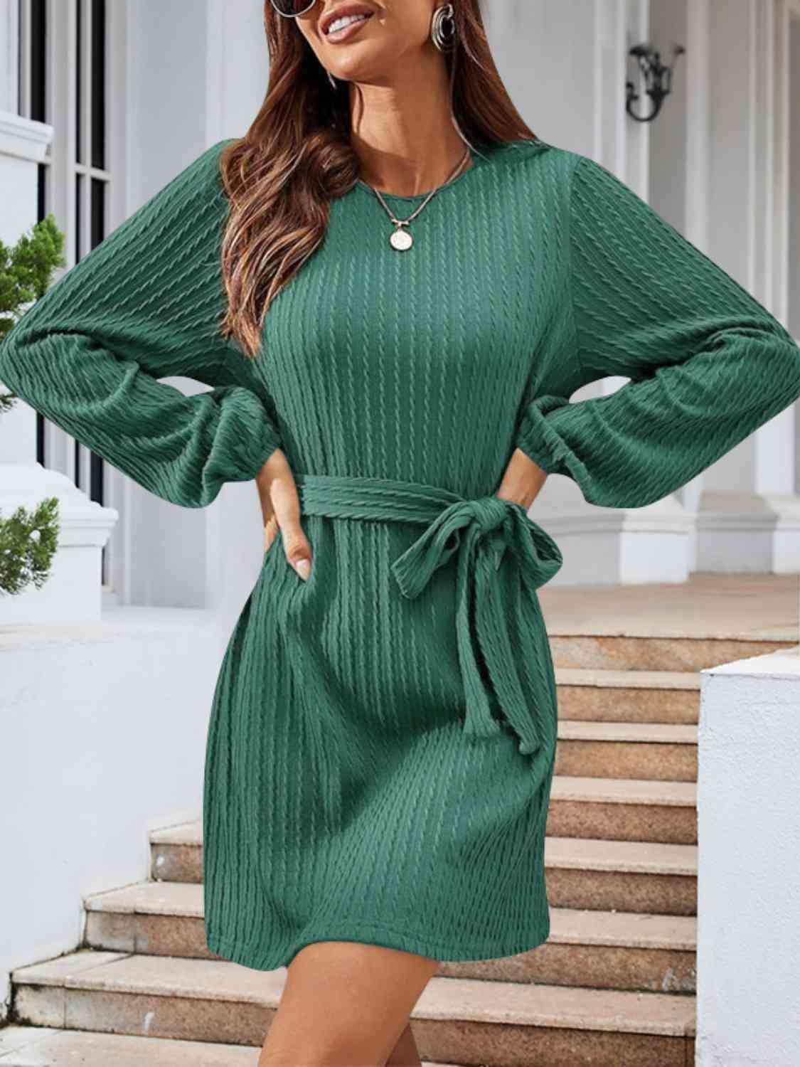 Lovely Autumn Knitted Tie Waist Sweater Dress-MXSTUDIO.COM