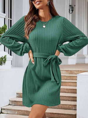 Lovely Autumn Knitted Tie Waist Sweater Dress-MXSTUDIO.COM