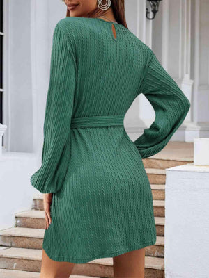 Lovely Autumn Knitted Tie Waist Sweater Dress-MXSTUDIO.COM