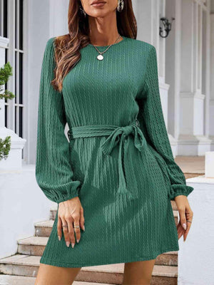 Lovely Autumn Knitted Tie Waist Sweater Dress-MXSTUDIO.COM