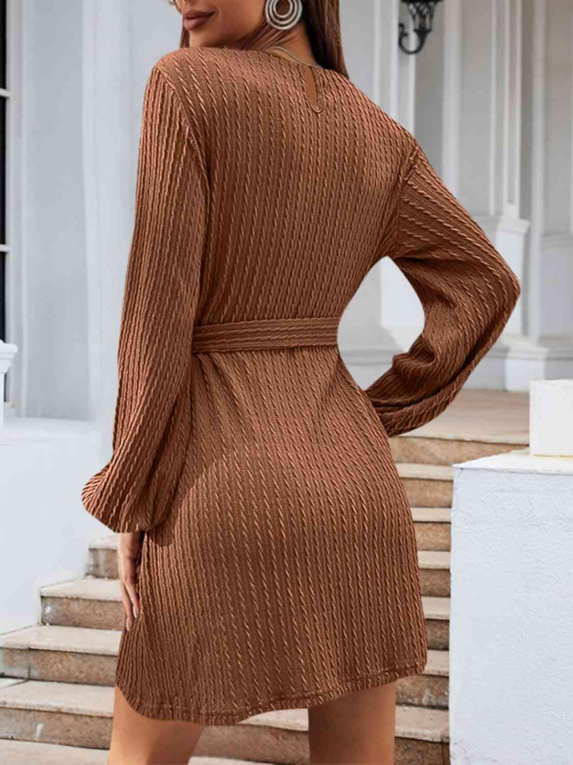Lovely Autumn Knitted Tie Waist Sweater Dress-MXSTUDIO.COM