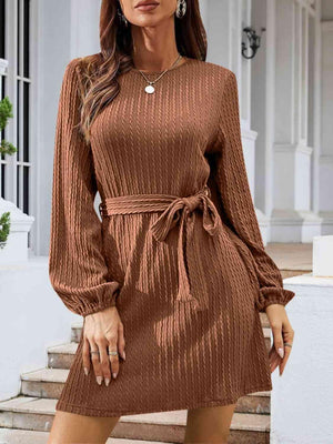 Lovely Autumn Knitted Tie Waist Sweater Dress-MXSTUDIO.COM