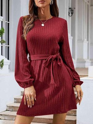 Lovely Autumn Knitted Tie Waist Sweater Dress-MXSTUDIO.COM