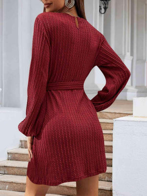 Lovely Autumn Knitted Tie Waist Sweater Dress-MXSTUDIO.COM