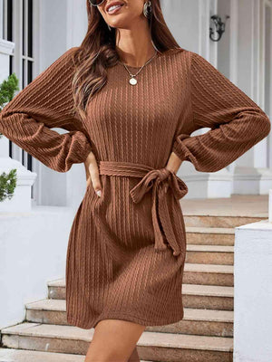 Lovely Autumn Knitted Tie Waist Sweater Dress-MXSTUDIO.COM