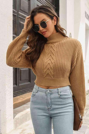 Lovely Warmth Cable-Knit Cropped Mock Neck Sweater - MXSTUDIO.COM