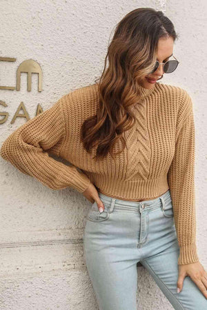 Lovely Warmth Cable-Knit Cropped Mock Neck Sweater - MXSTUDIO.COM