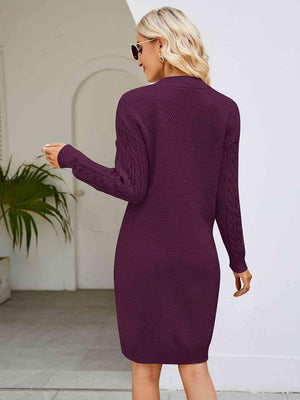 Low Temp Chic V Neck Cable Knit Sweater Dress - MXSTUDIO.COM