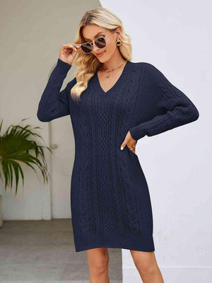 Low Temp Chic V Neck Cable Knit Sweater Dress - MXSTUDIO.COM