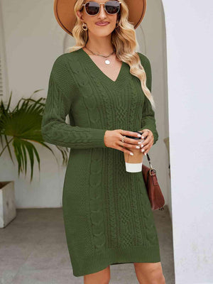 Low Temp Chic V Neck Cable Knit Sweater Dress - MXSTUDIO.COM