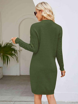 Low Temp Chic V Neck Cable Knit Sweater Dress - MXSTUDIO.COM