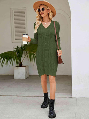 Low Temp Chic V Neck Cable Knit Sweater Dress - MXSTUDIO.COM