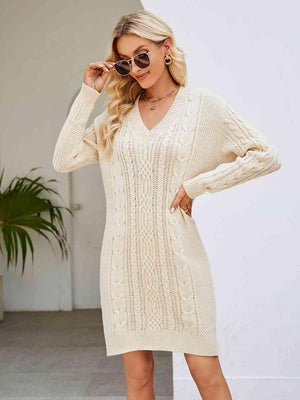 Low Temp Chic V Neck Cable Knit Sweater Dress - MXSTUDIO.COM