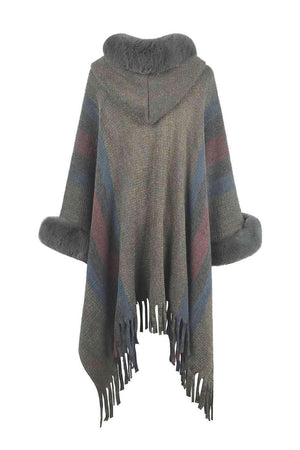Luxurious Feel Fringe Faux Fur Trim Poncho - MXSTUDIO.COM