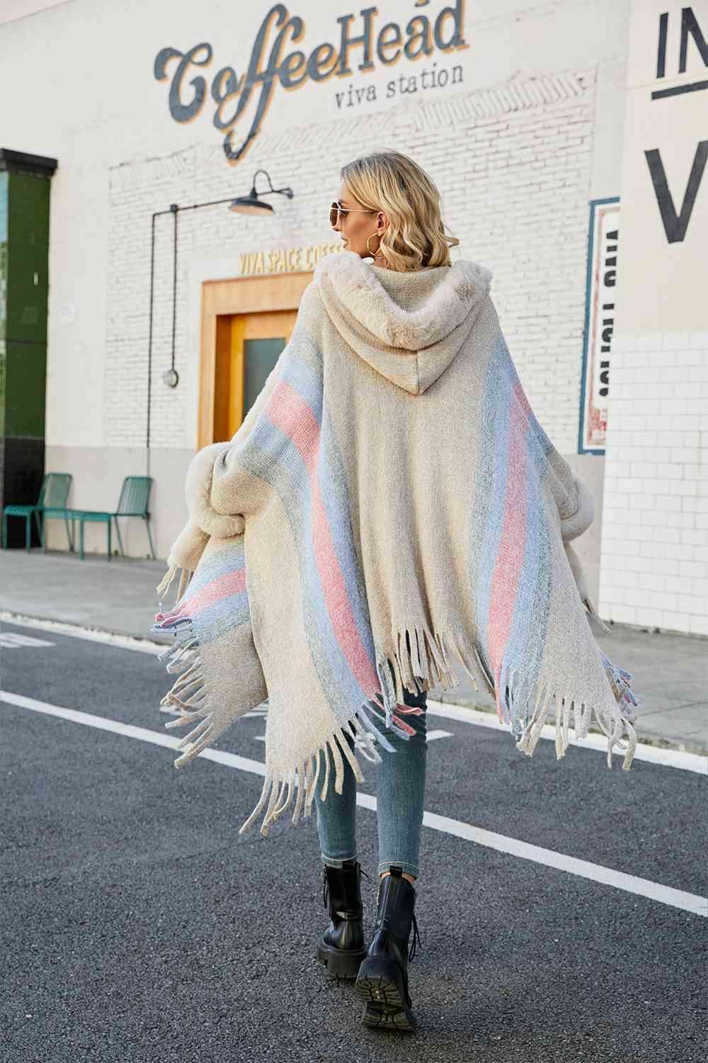 Luxurious Feel Fringe Faux Fur Trim Poncho - MXSTUDIO.COM