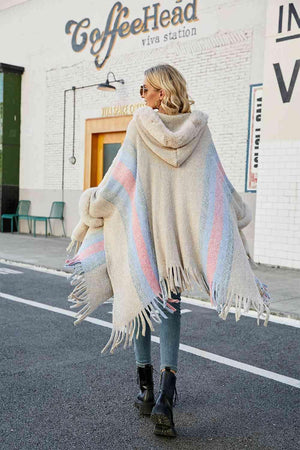 Luxurious Feel Fringe Faux Fur Trim Poncho - MXSTUDIO.COM
