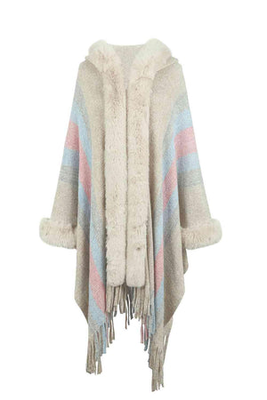 Luxurious Feel Fringe Faux Fur Trim Poncho - MXSTUDIO.COM