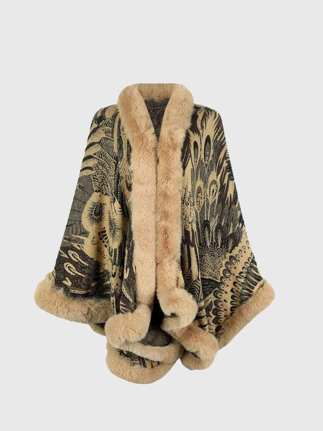 Luxurious Feel Open Front Faux Fur Trim Poncho - MXSTUDIO.COM