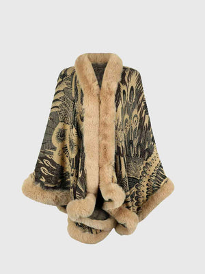 Luxurious Feel Open Front Faux Fur Trim Poncho - MXSTUDIO.COM