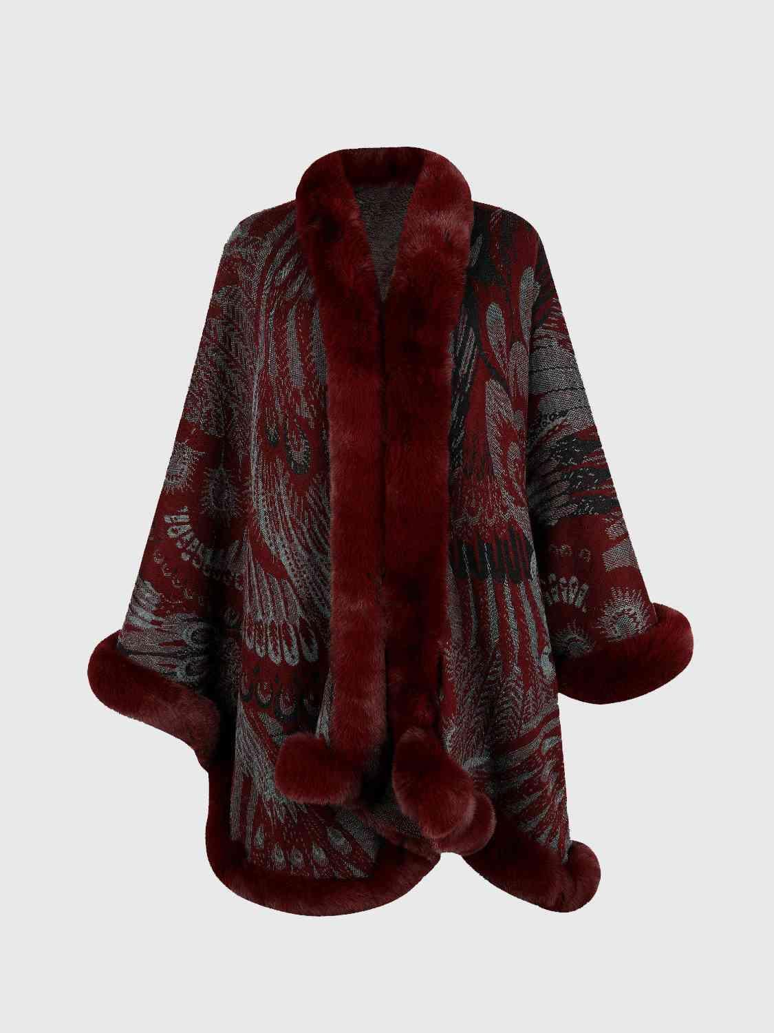 Luxurious Feel Open Front Faux Fur Trim Poncho - MXSTUDIO.COM