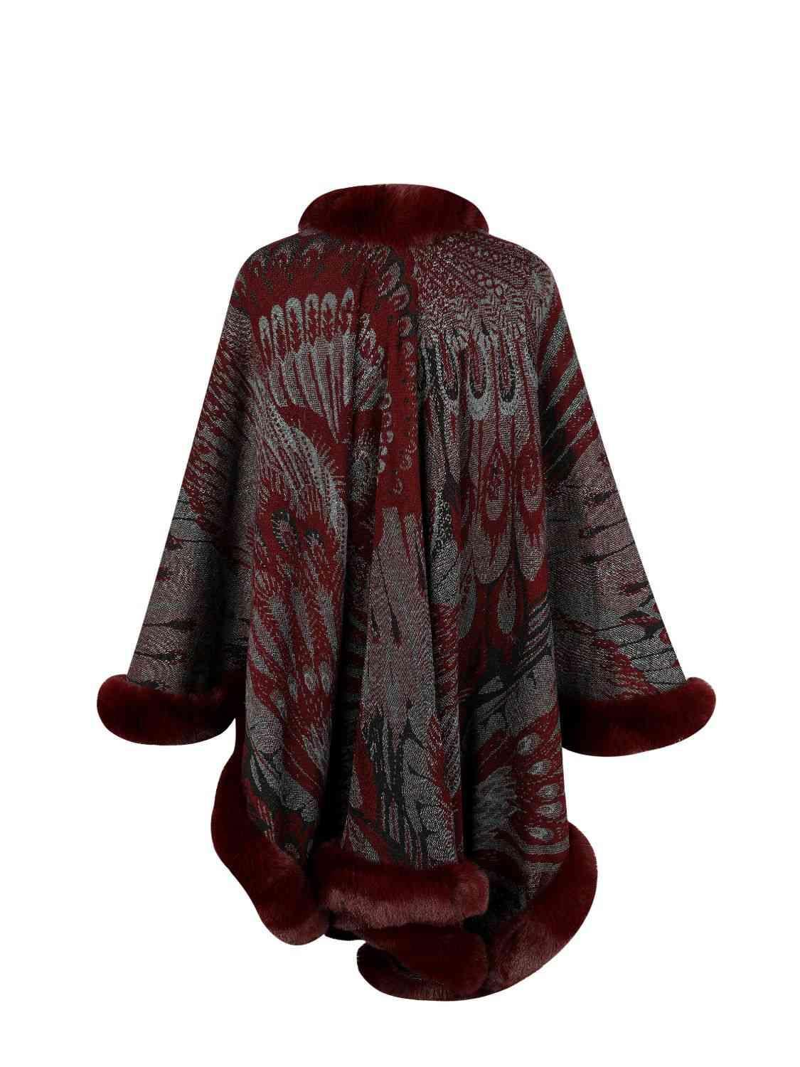 Luxurious Feel Open Front Faux Fur Trim Poncho - MXSTUDIO.COM