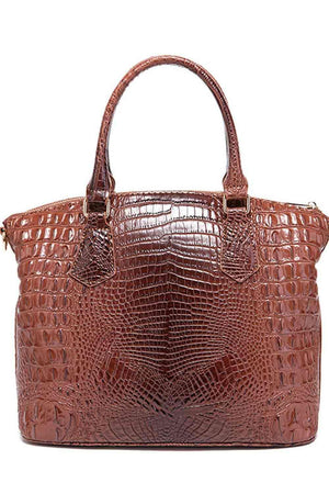 a brown alligator skin handbag on a white background