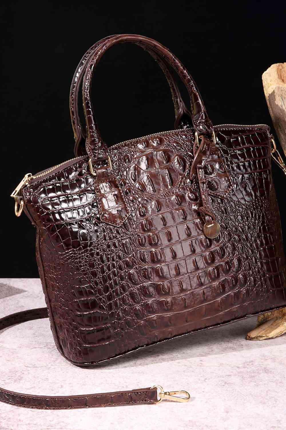a brown purse sitting on top of a table