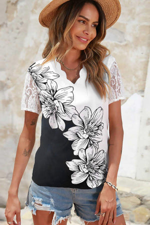 Me Time Short Sleeve Floral V Neck Blouse - MXSTUDIO.COM