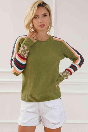 Moss Green Striped Crew Neck Sweater-MXSTUDIO.COM