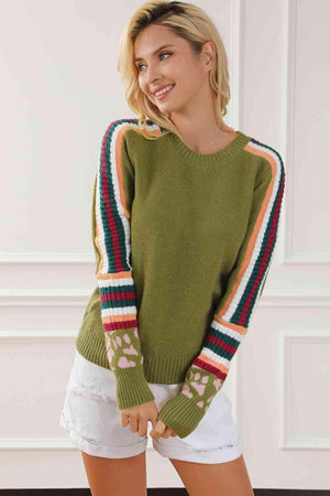 Moss Green Striped Crew Neck Sweater-MXSTUDIO.COM