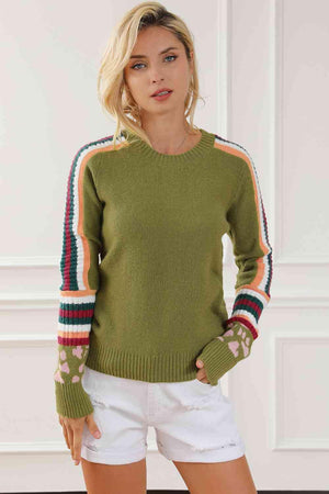 Moss Green Striped Crew Neck Sweater-MXSTUDIO.COM