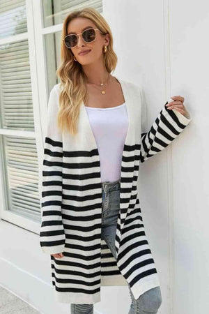 Multi Season Open Front Long Striped Cardigan - MXSTUDIO.COM