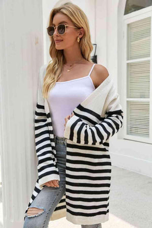 Multi Season Open Front Long Striped Cardigan - MXSTUDIO.COM